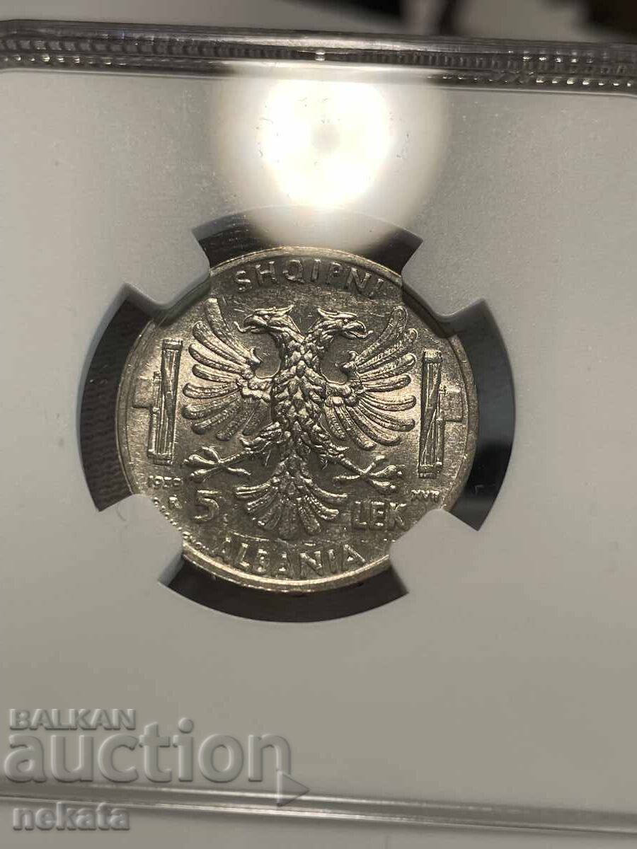 Auction  Albania (Italian Occupation), 5 Leke 1939 AU58 NGC