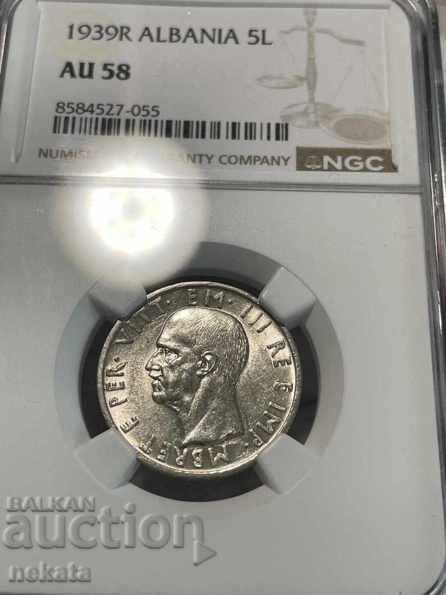 Albania (Italian Occupation), 5 Leke 1939 AU58 NGC