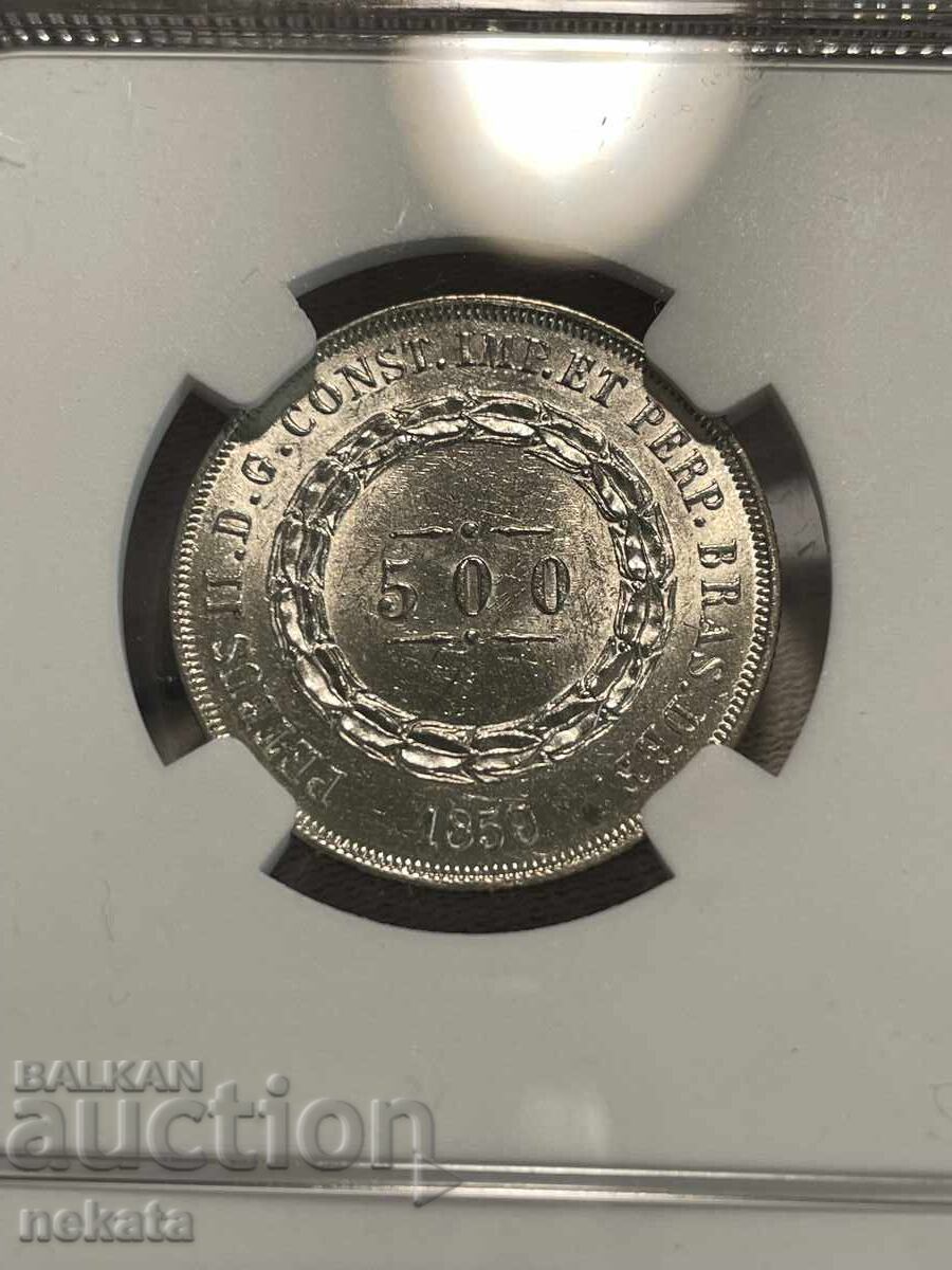 Licitație Brazilia, 500 Reis 1859, MS62 NGC