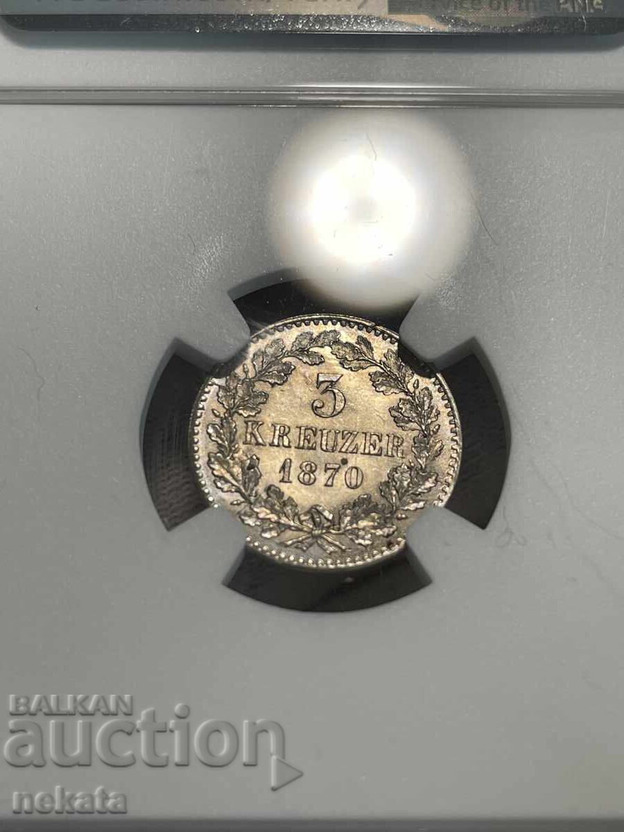 Auction  German Empire, Baden, 3 Kreuzer, 1870, MS63 NGC