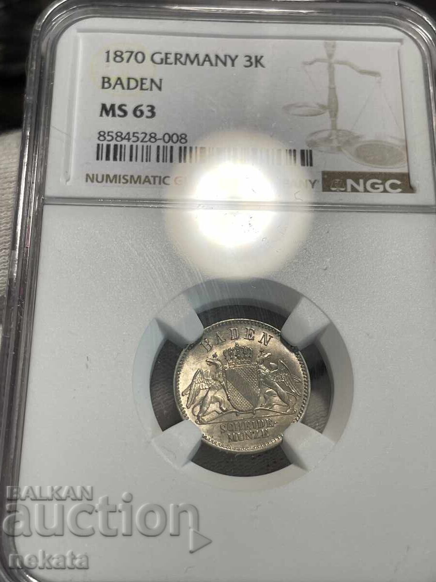 German Empire, Baden, 3 Kreuzer, 1870, MS63 NGC