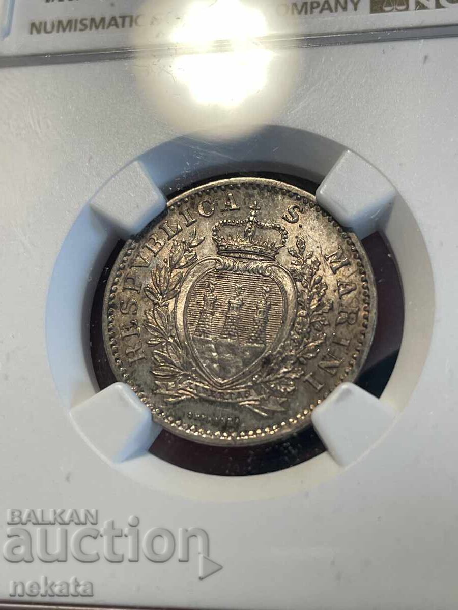 Σαν Μαρίνο, 1 λίρα 1906 MS64 NGC με τιμή 580.00 BGN | € 296.55 Σαν Μαρίνο, 1 λίρα 1906 MS64 NGC με τιμή 580.00 BGN | € 296.55