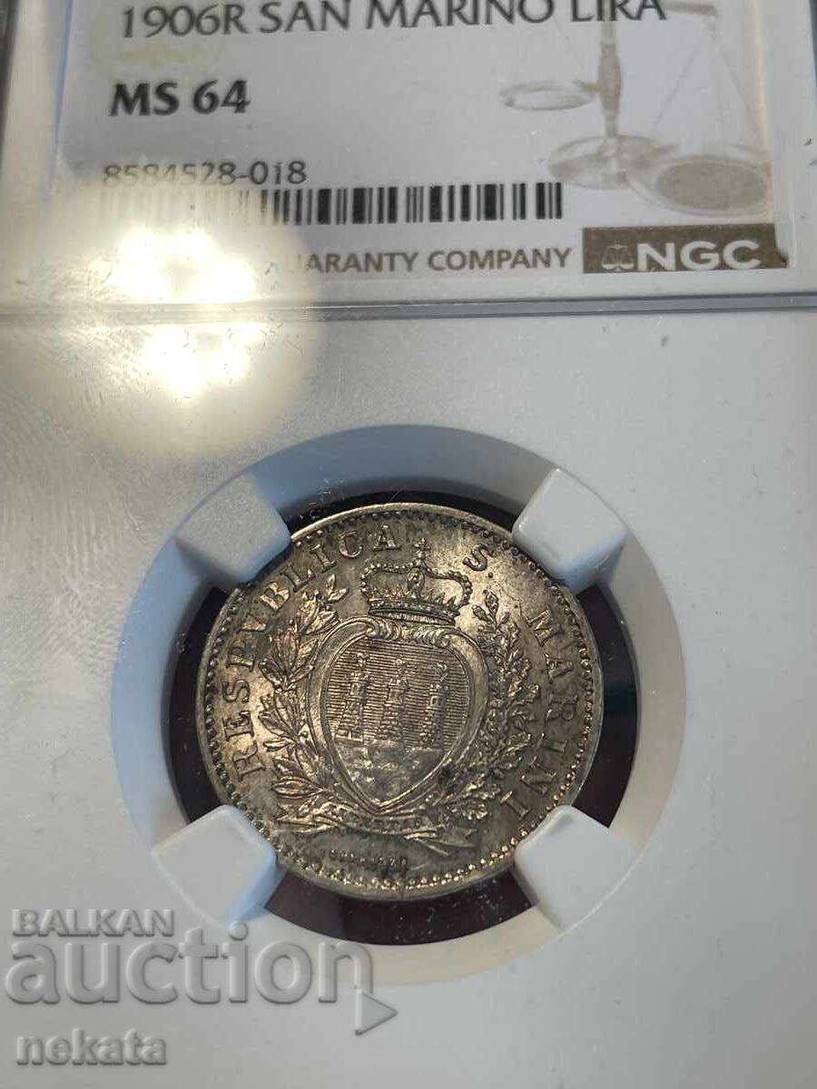 Σαν Μαρίνο, 1 λίρα 1906 MS64 NGC Σαν Μαρίνο, 1 λίρα 1906 MS64 NGC