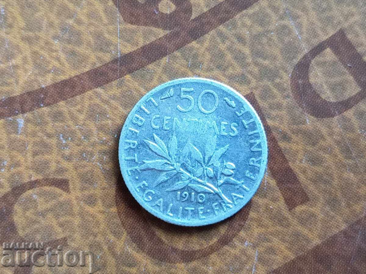 France Silver Coin 50 Centimes from 1910