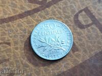 Франция сребърна монета 50 сантима от 1918 г.