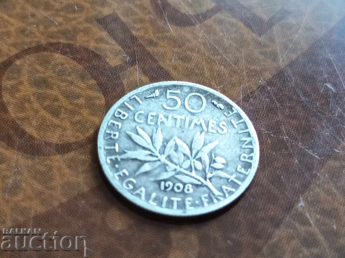 Γαλλικό ασημένιο νόμισμα 50 λεπτών του 1908 με τιμή 8.50 BGN | € 4.35