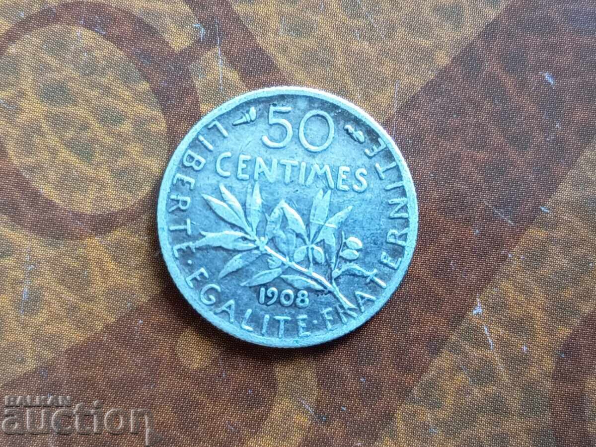 Γαλλικό ασημένιο νόμισμα 50 λεπτών του 1908