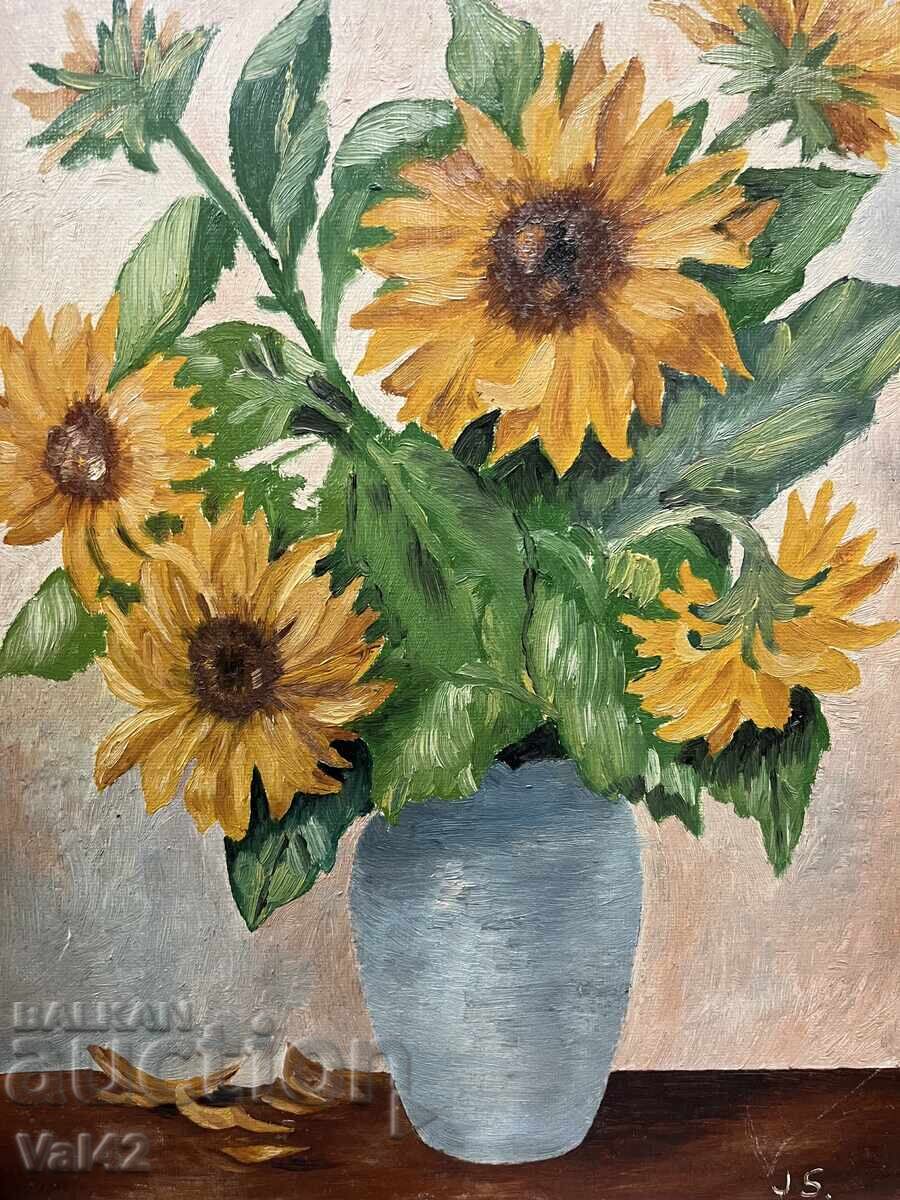 Auction Sunflowers in a Vase - Oil Paints on Cardboard Auction Sunflowers in a Vase - Oil Paints on Cardboard