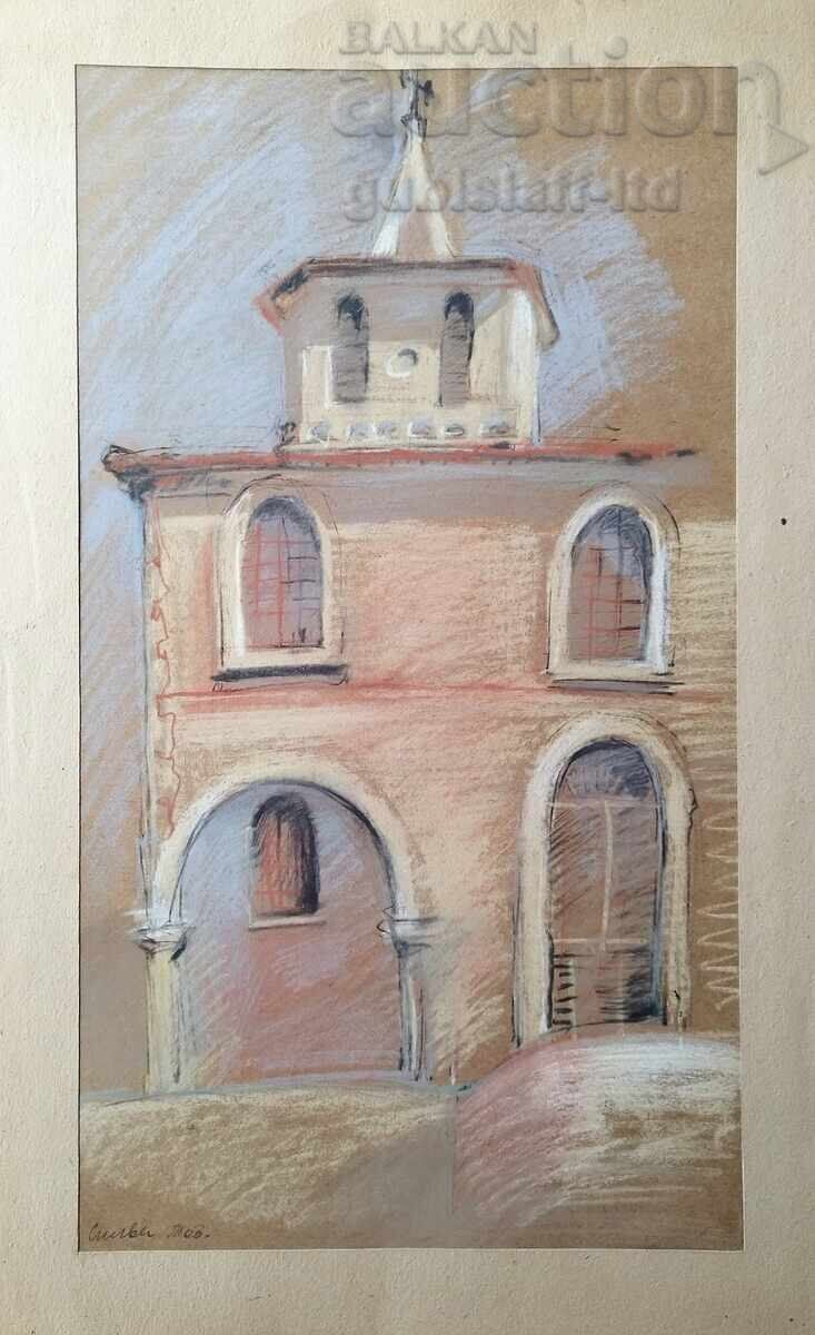 Painting, landscape, church, artist Silva Tod., 1980s.