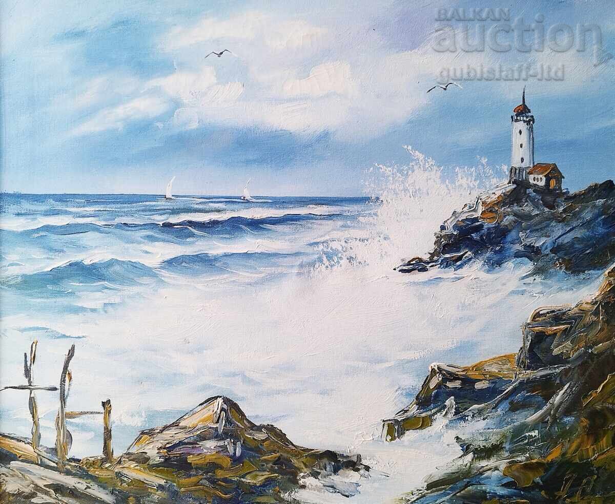 Painting, landscape, sea, lighthouse, artist A. Simeonov with price 230.00 BGN | € 117.60