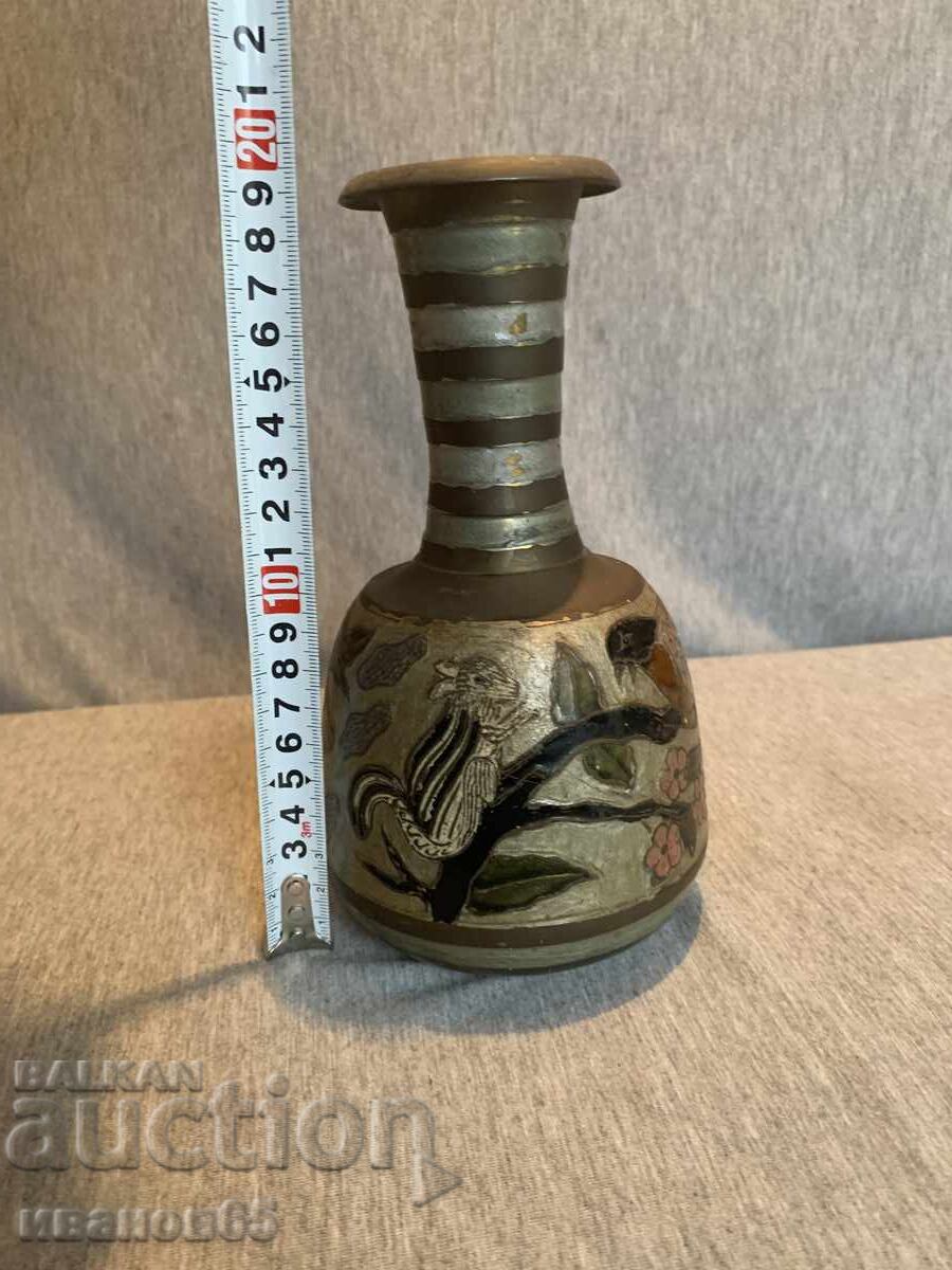 Delivery of Decorative brass vase with engraving of birds and enamel