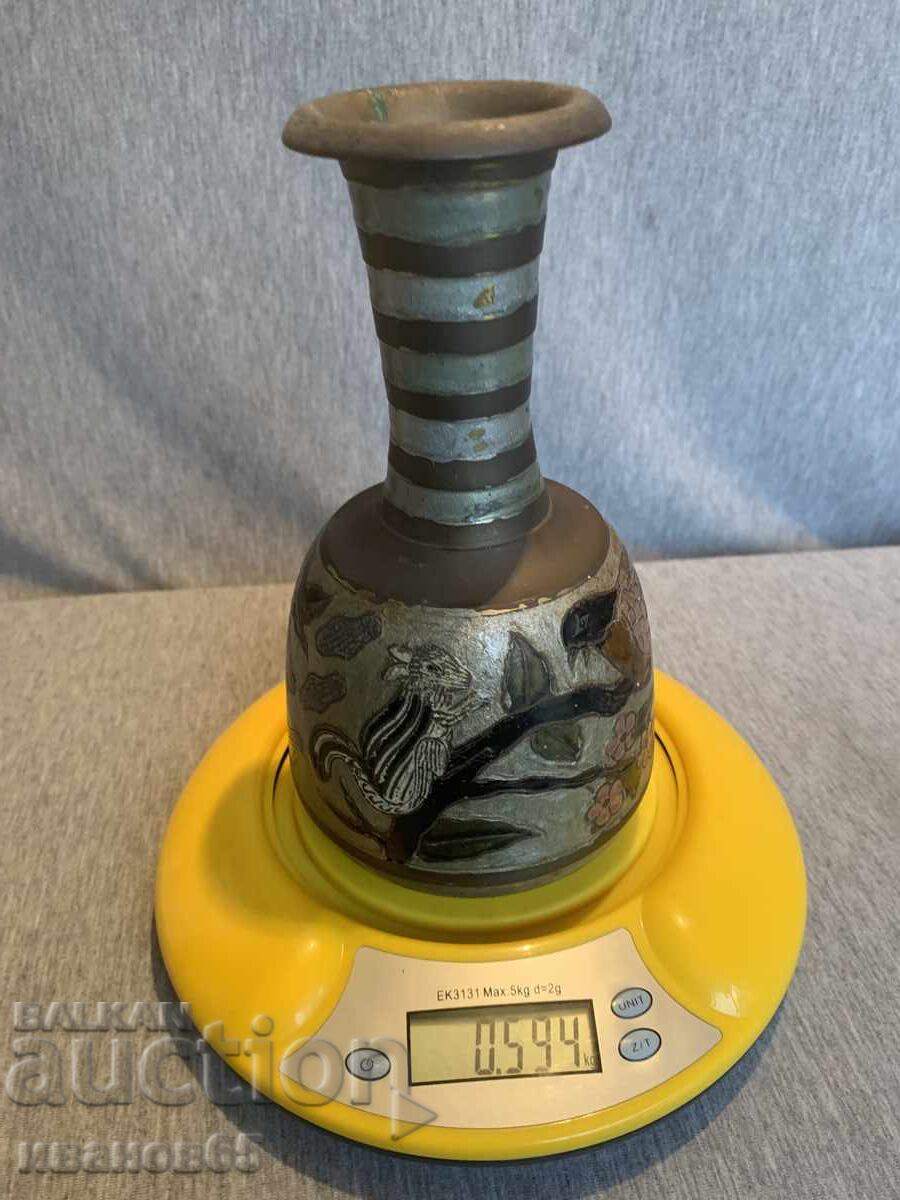 Decorative brass vase with engraving of birds and enamel - 5