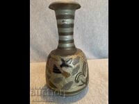 Decorative brass vase with engraving of birds and enamel