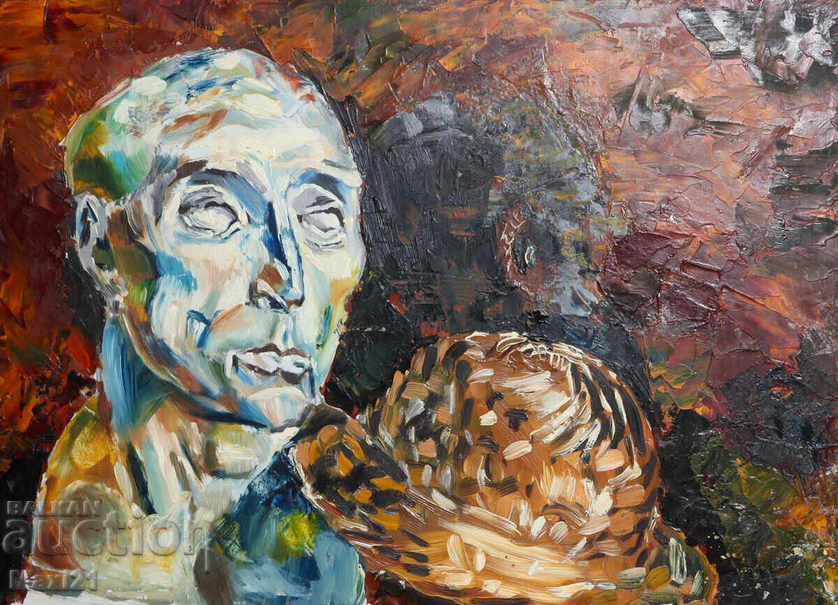 Аукцион Картина маслени бои натюрморт мъжка скулптура и шапка