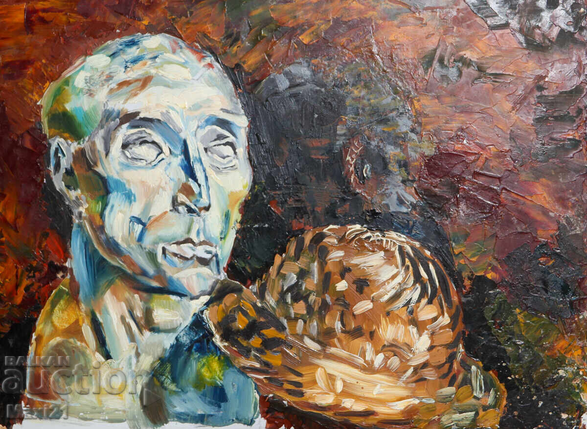 Картина маслени бои натюрморт мъжка скулптура и шапка