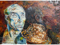 Έργο ζωγραφικής με λάδι νεκρή φύση ανδρικό γλυπτό και καπέλο