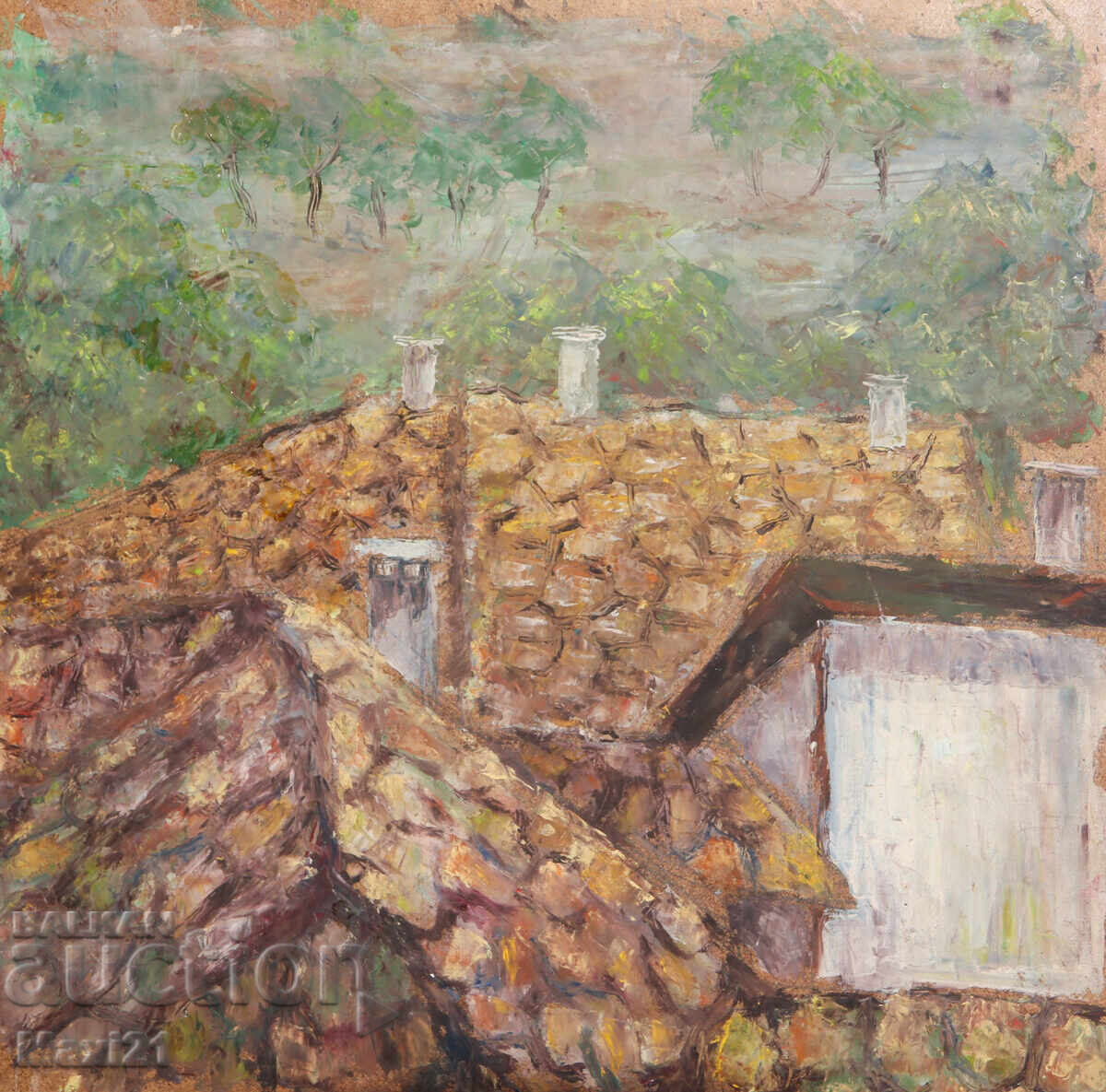 Oil painting landscape above the roof