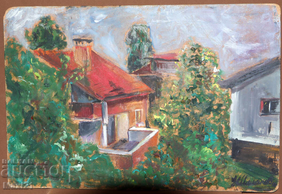 Έργο ζωγραφικής με λάδι, οικιακό τοπίο, σπίτια με τιμή 220.00 BGN | € 112.48