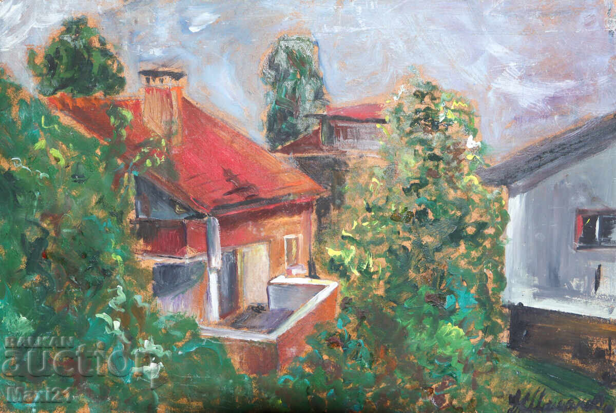 Δημοπρασία Έργο ζωγραφικής με λάδι, οικιακό τοπίο, σπίτια