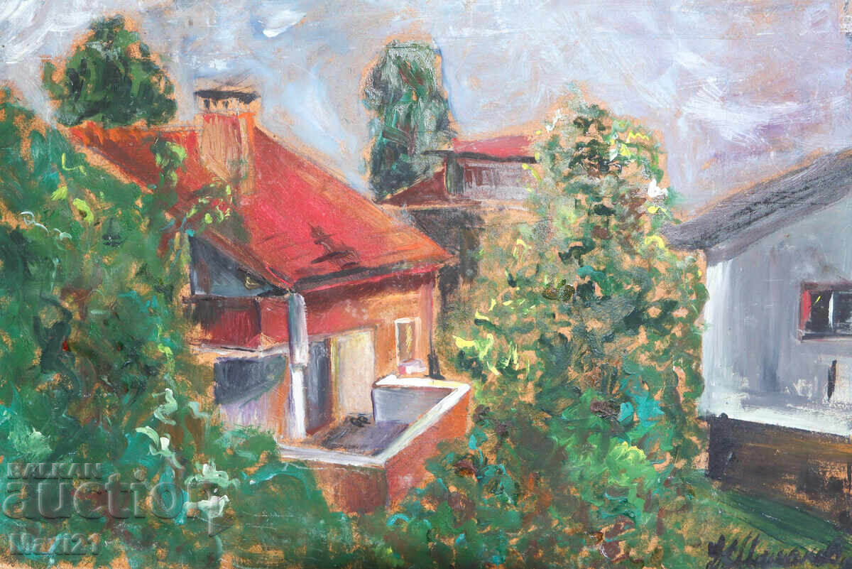 Έργο ζωγραφικής με λάδι, οικιακό τοπίο, σπίτια