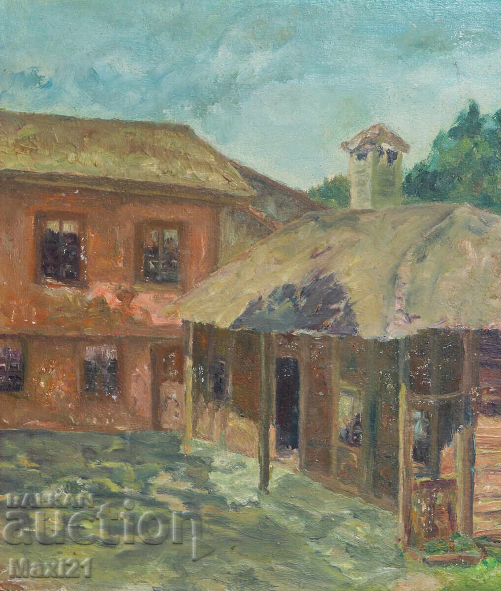 Oil painting, genre scene, houses, signed 1992 with price 180.00 BGN | € 92.03