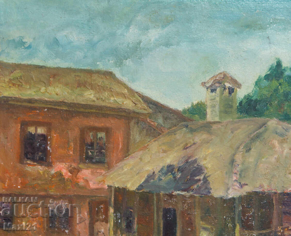 Delivery of Oil painting, genre scene, houses, signed 1992