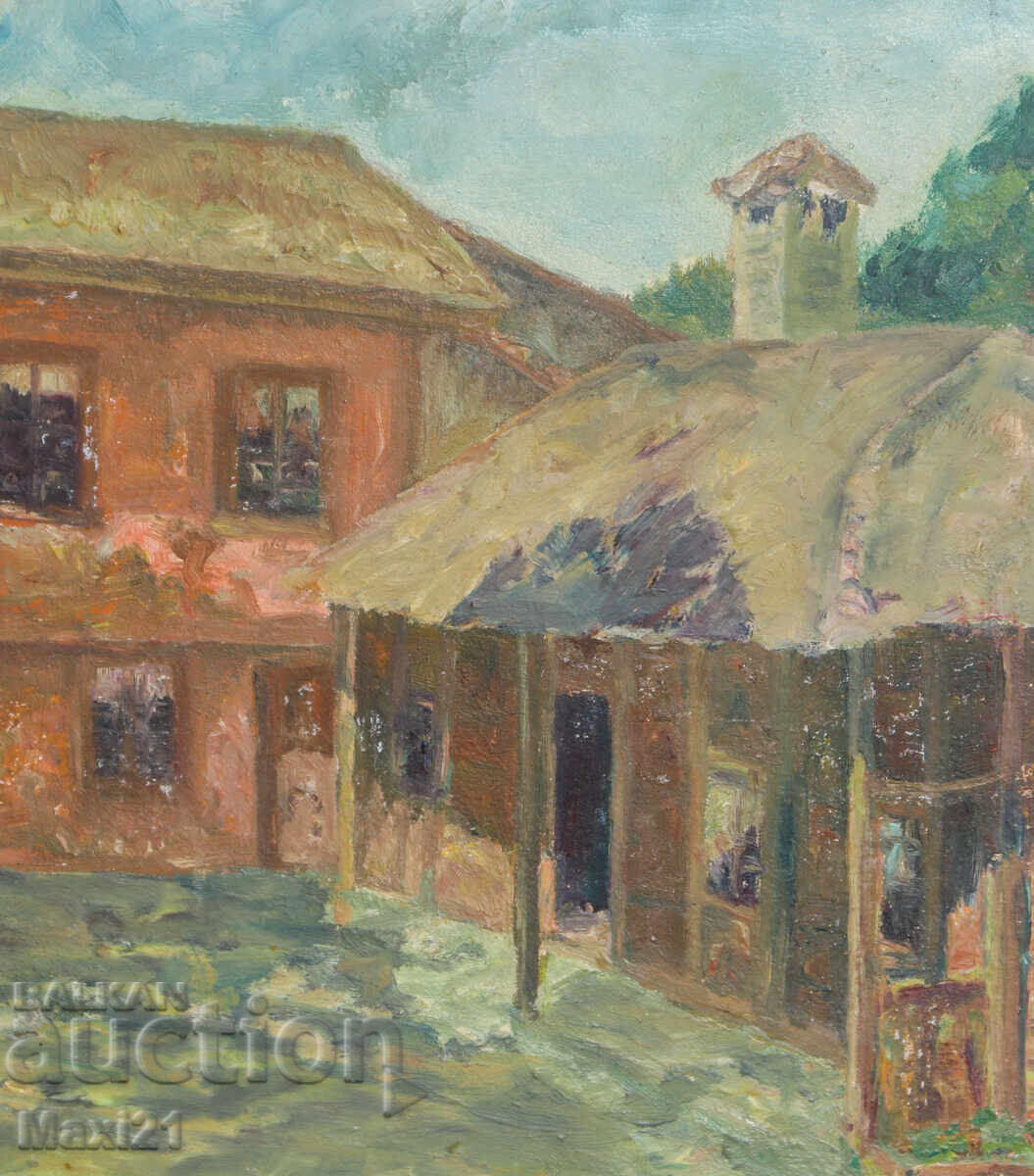 Oil painting, genre scene, houses, signed 1992 - 5