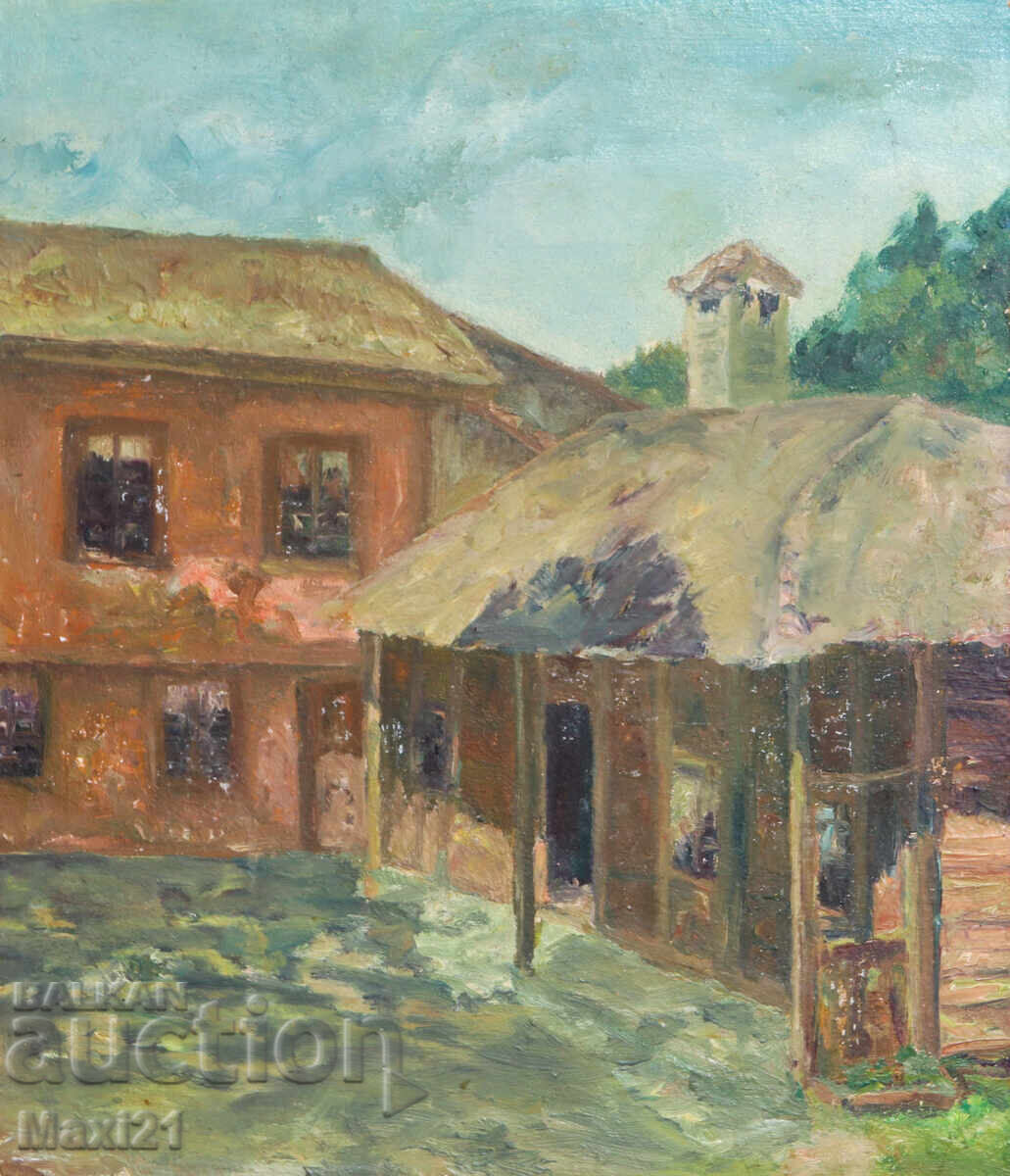 Oil painting, genre scene, houses, signed 1992