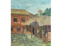 Oil painting, genre scene, houses, signed 1992