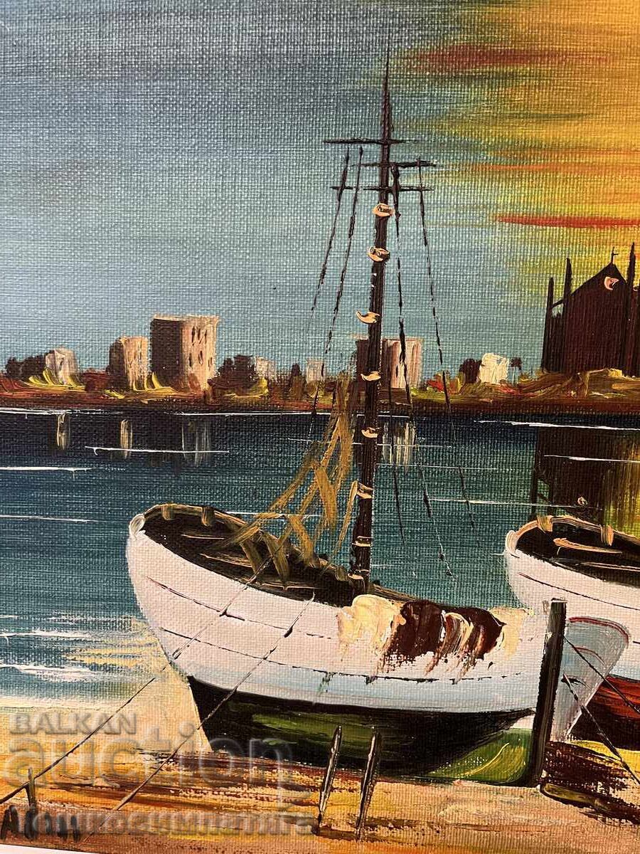 Δημοπρασία Ελαιογραφία σε καμβά - Θαλασσινό τοπίο, ηλιοβασίλεμα