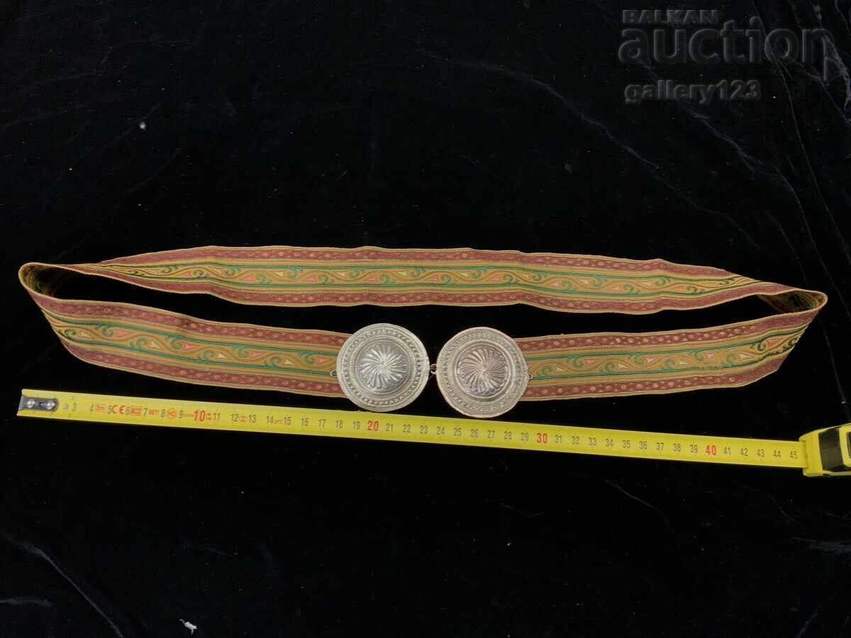 Revival-era silver paftas (ornamental belt buckles) and a belt with goldwork embroidery and textile with price 140.00 BGN | € 71.58 Revival-era silver paftas (ornamental belt buckles) and a belt with goldwork embroidery and textile with price 140.00 BGN | € 71.58