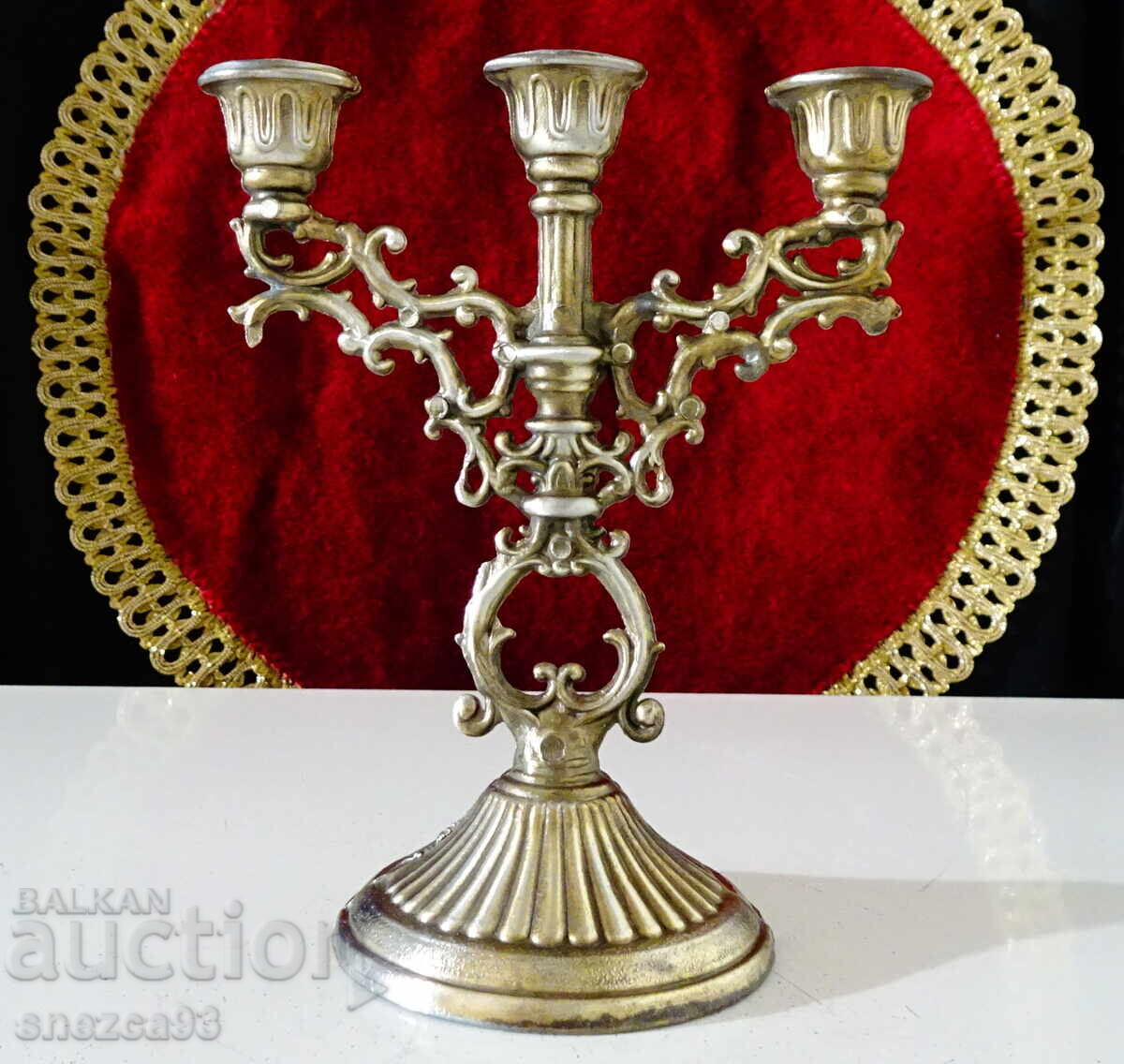 Three-branched pewter candlestick, triple candlestick, gothic Three-branched pewter candlestick, triple candlestick, gothic