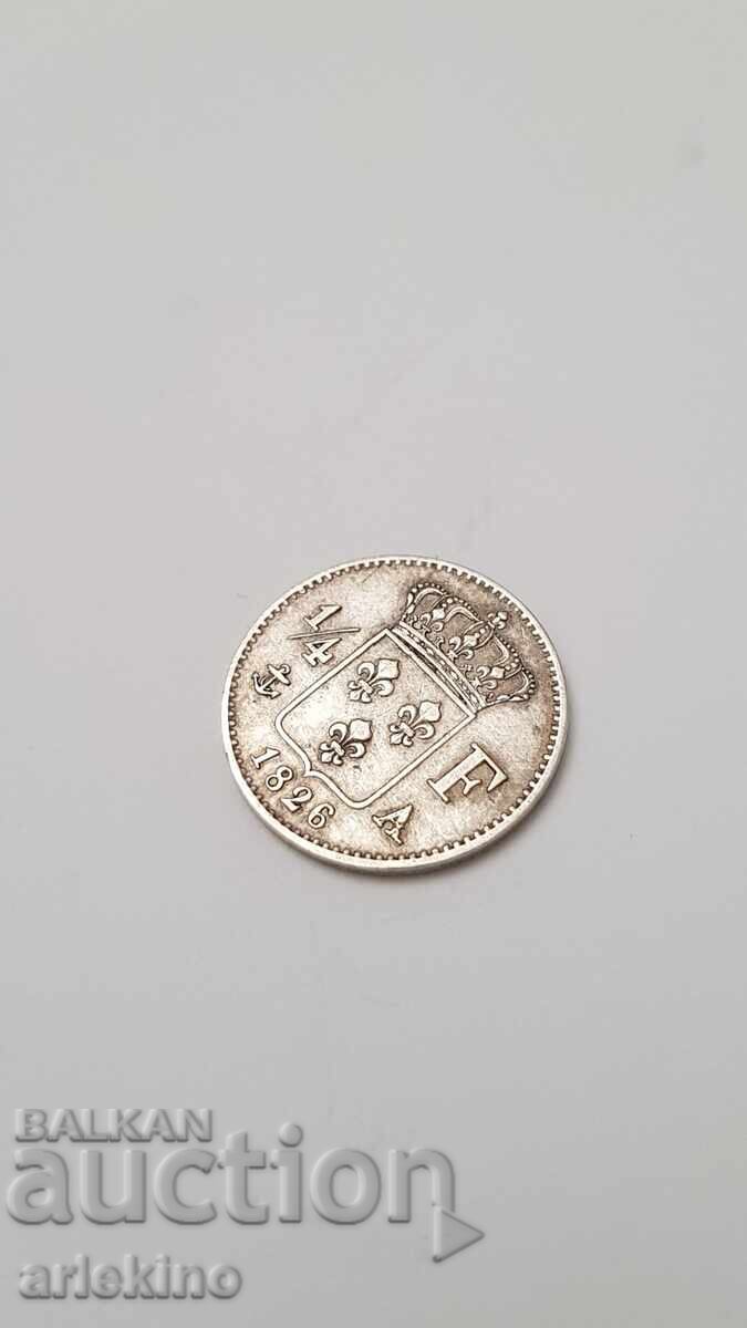 Рядка сребърна монета 1/4 Франк 1826 год. Франция с цена 240.00 лв. | € 122.71