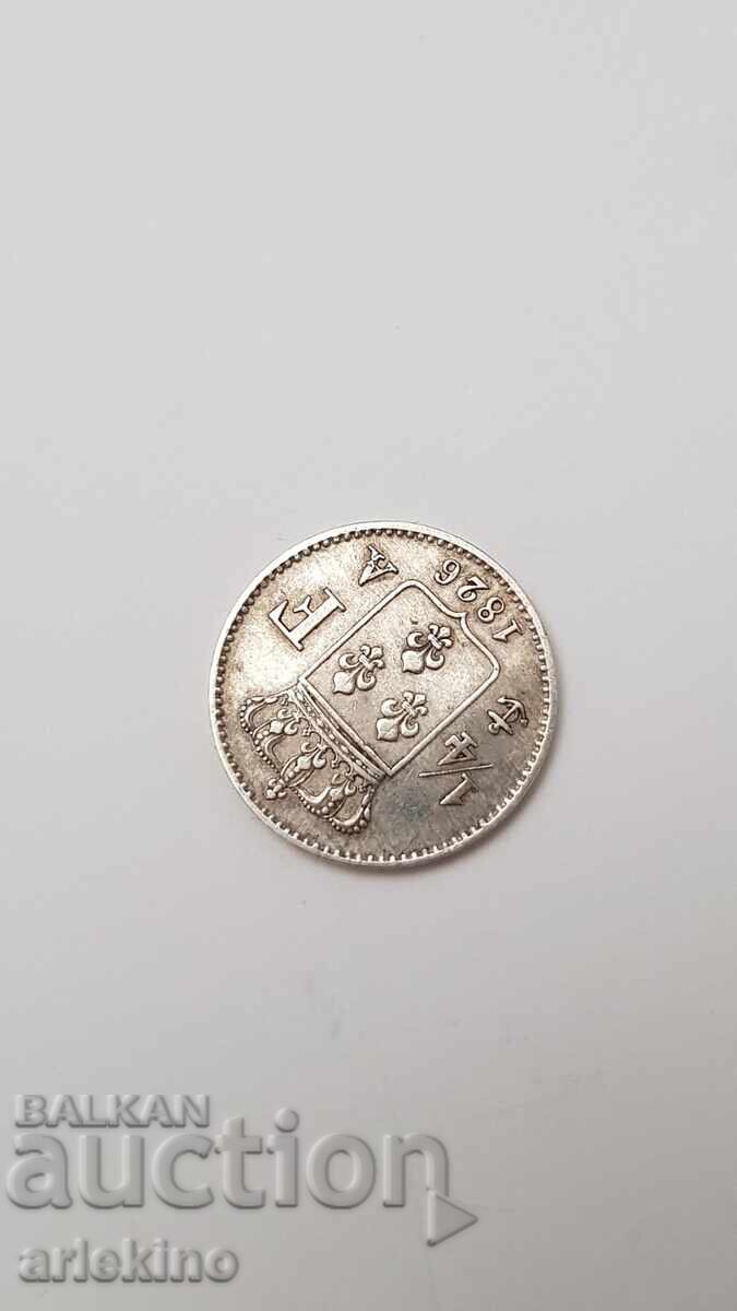 Доставка на Рядка сребърна монета 1/4 Франк 1826 год. Франция