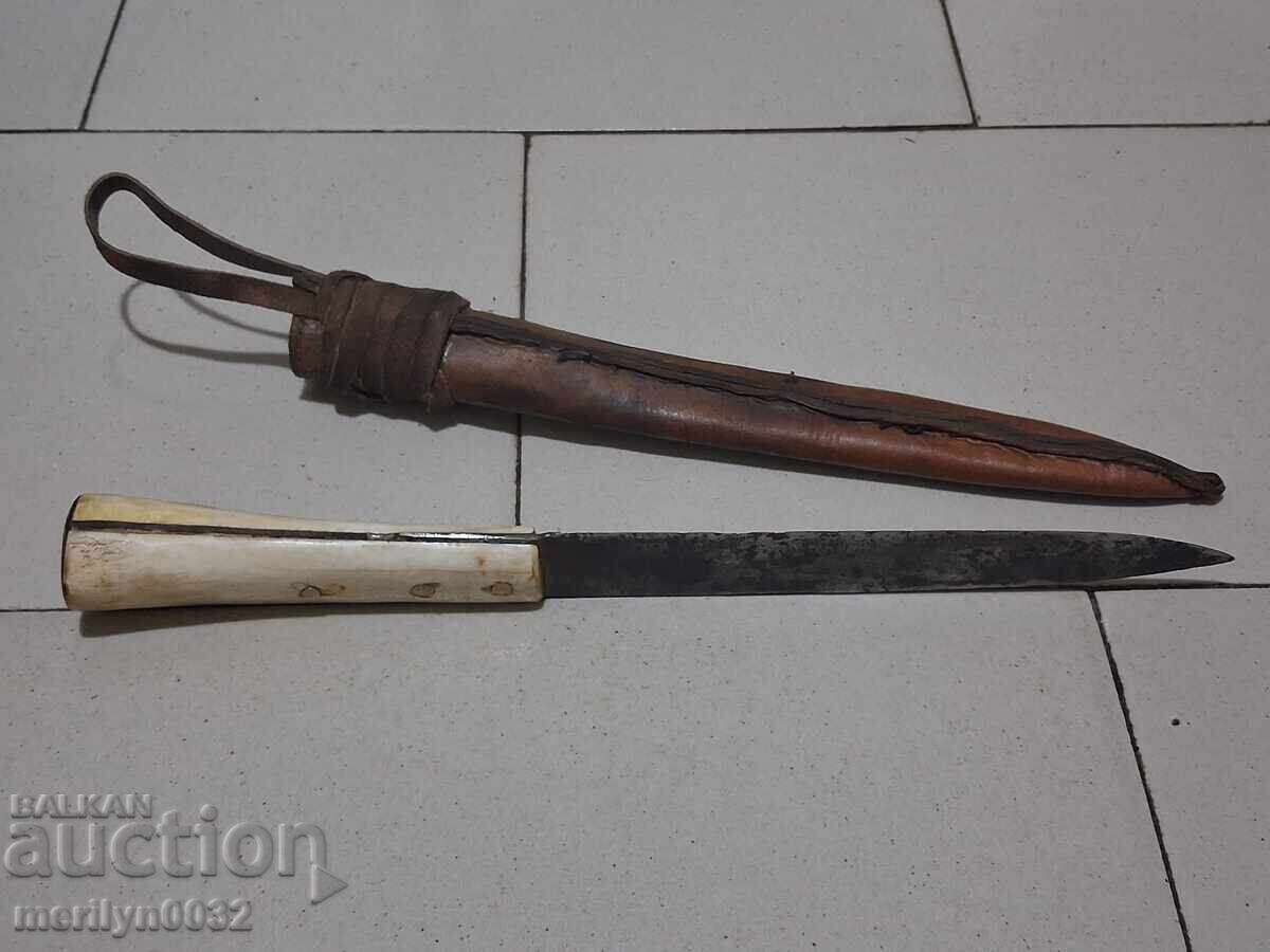 Cuțit vechi cu teacă, mâner din os, pumnal, lamă, aculac - 5