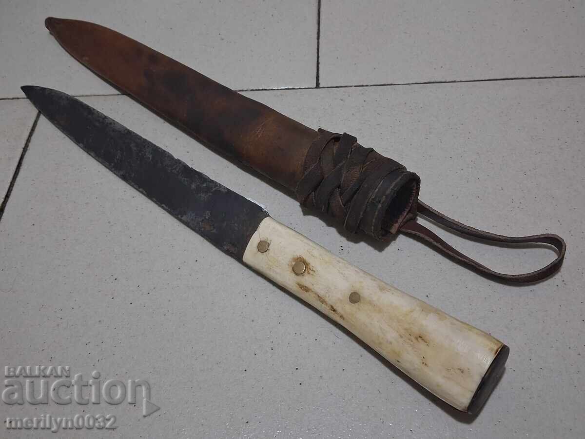 Cuțit vechi cu teacă, mâner din os, pumnal, lamă, aculac - 6