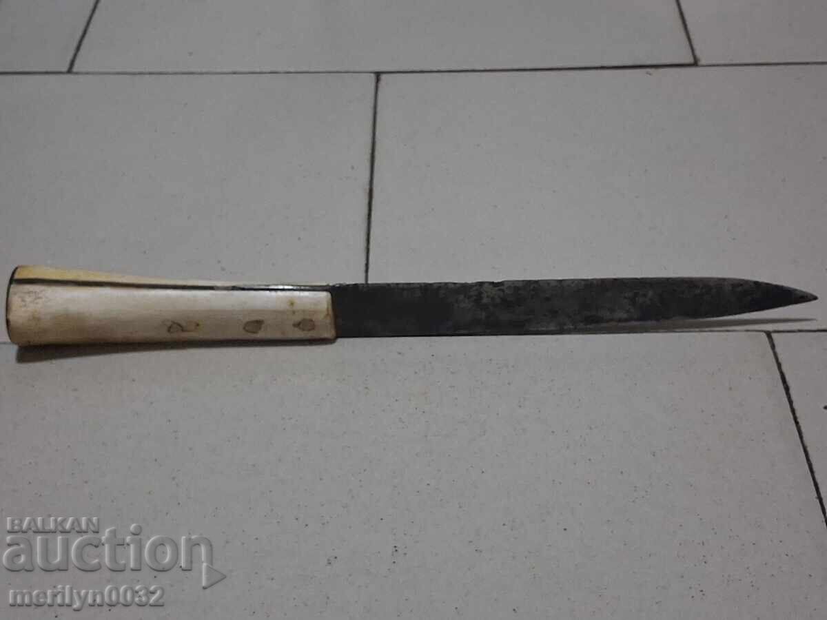 Cuțit vechi cu teacă, mâner din os, pumnal, lamă, aculac - 7