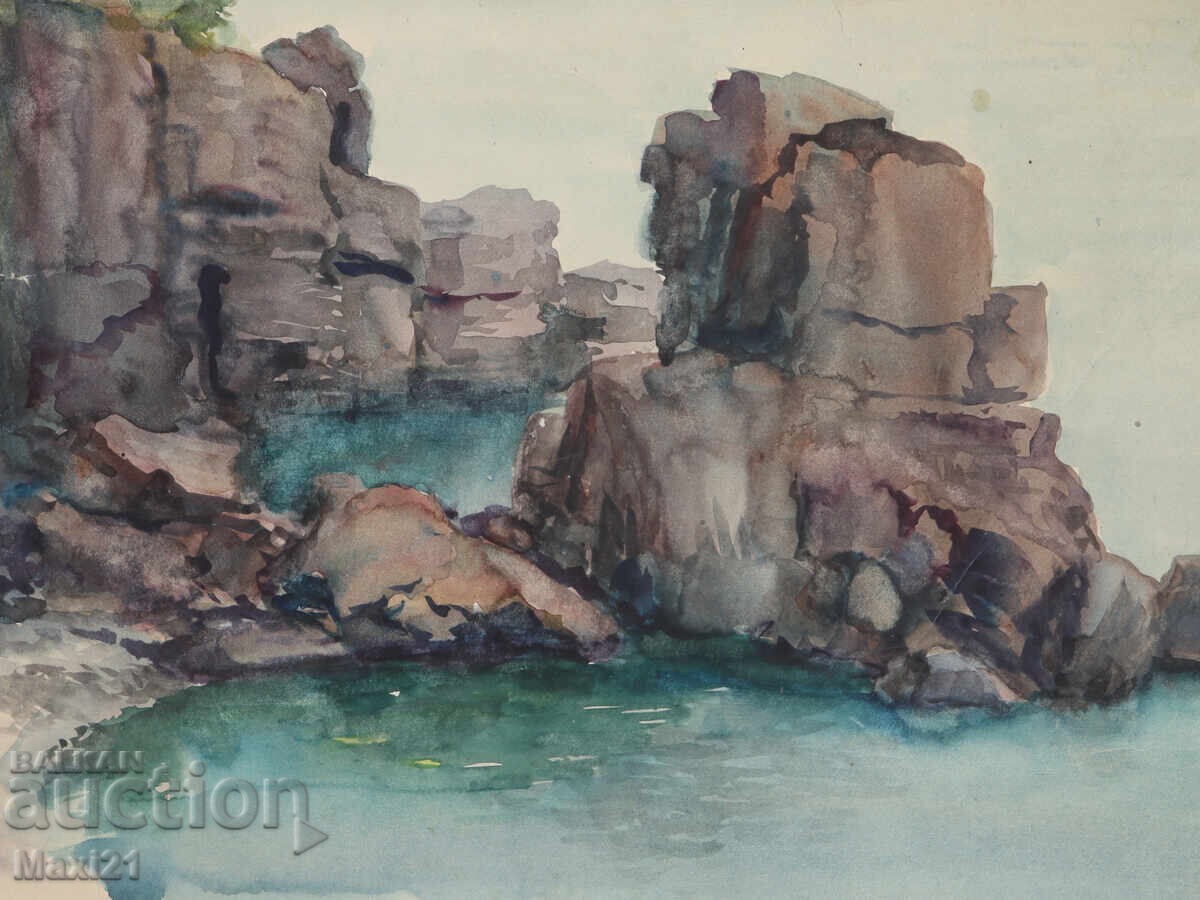 Auction  Watercolor painting, seascape, rocks