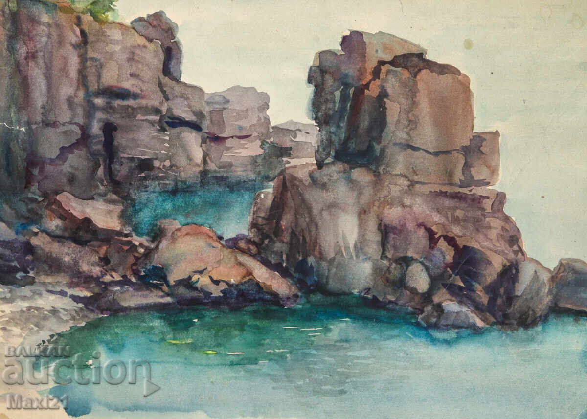 Watercolor painting, seascape, rocks