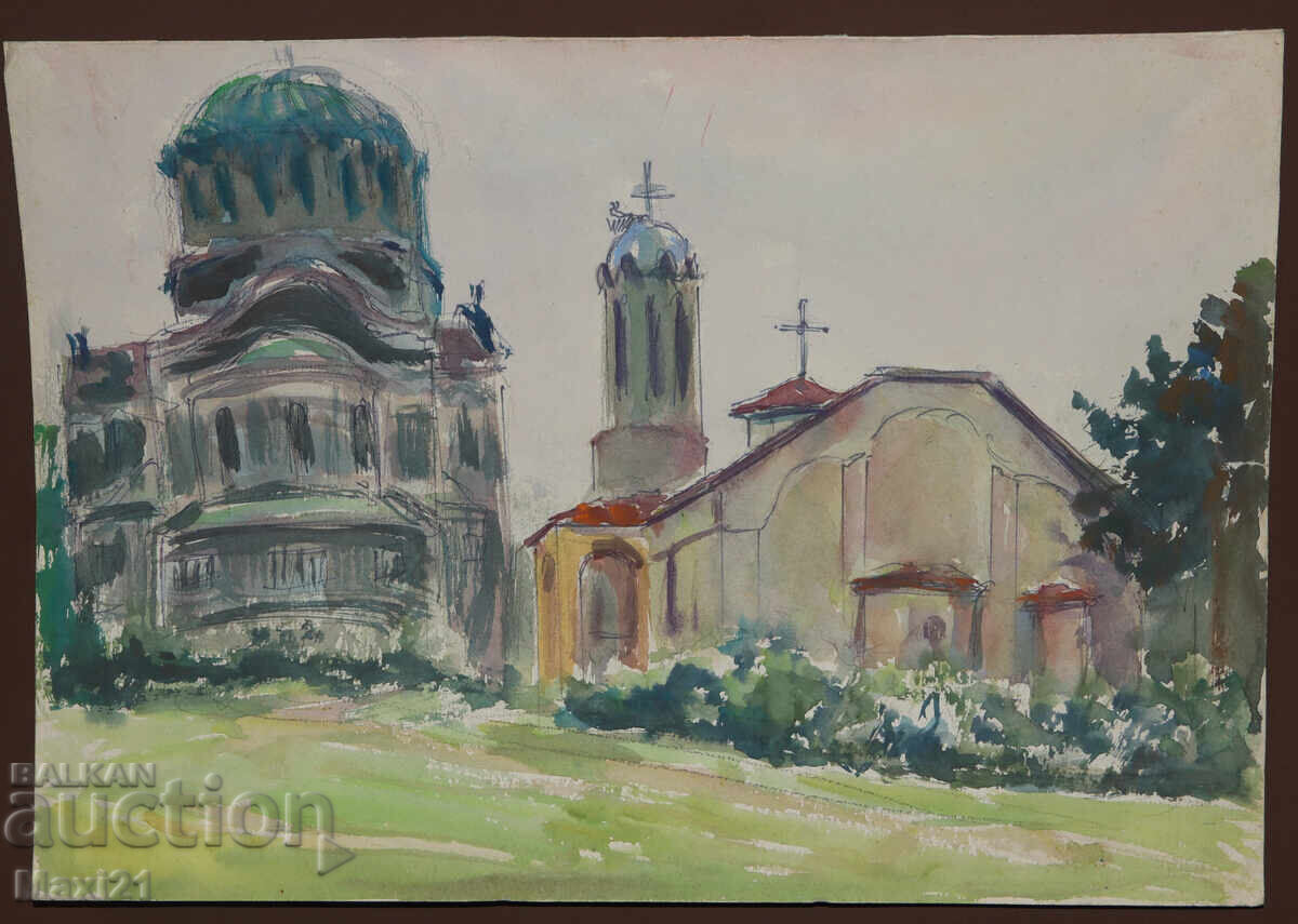 Ακουαρέλα ζωγραφιά αστικό τοπίο εκκλησία με τιμή 150.00 BGN | € 76.69