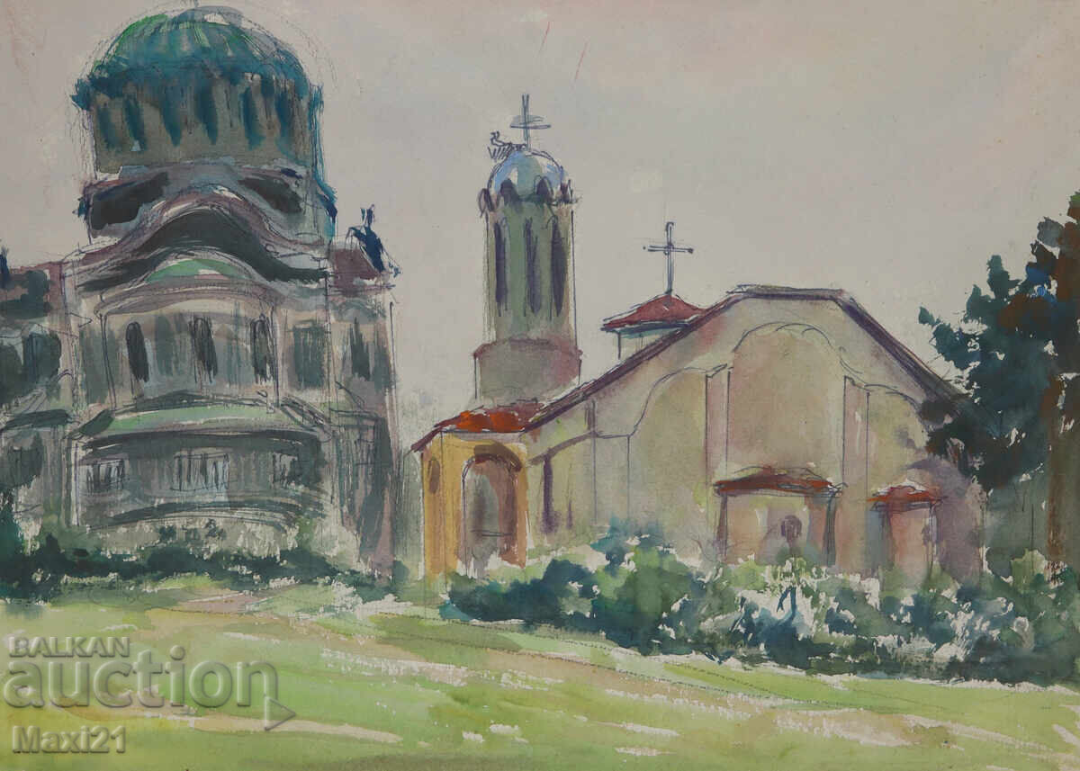 Δημοπρασία Ακουαρέλα ζωγραφιά αστικό τοπίο εκκλησία