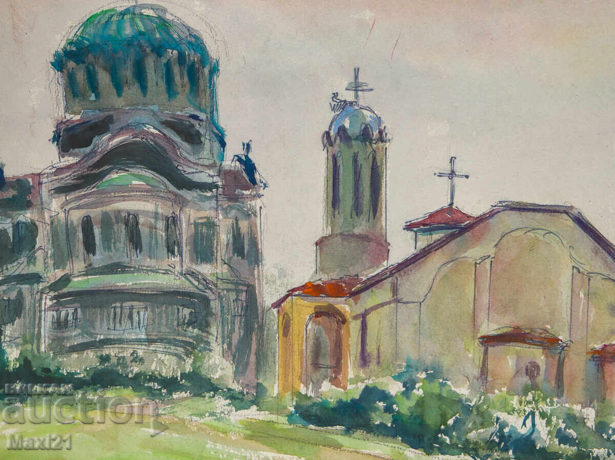 Παράδοση Ακουαρέλα ζωγραφιά αστικό τοπίο εκκλησία