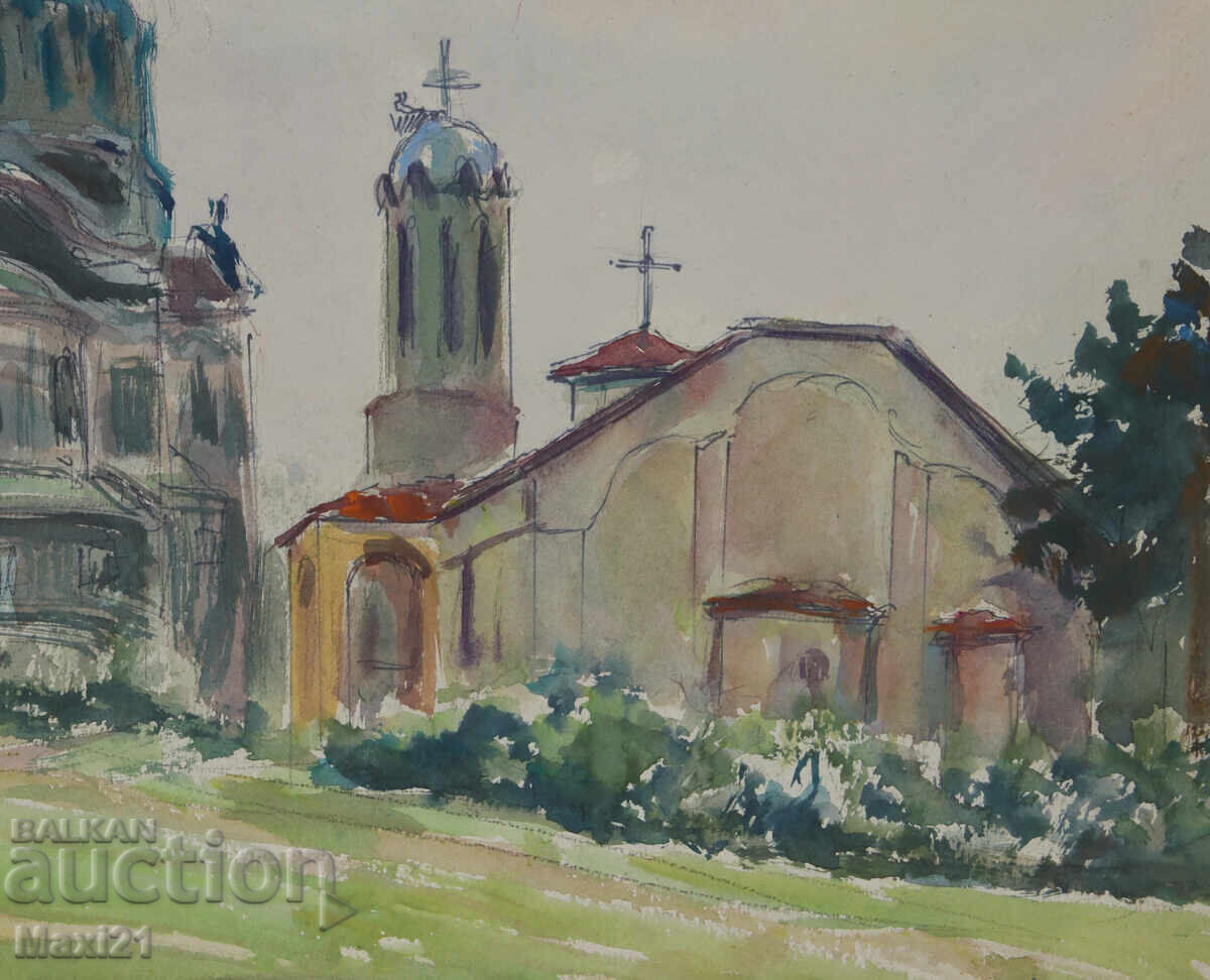 Ακουαρέλα ζωγραφιά αστικό τοπίο εκκλησία - 5