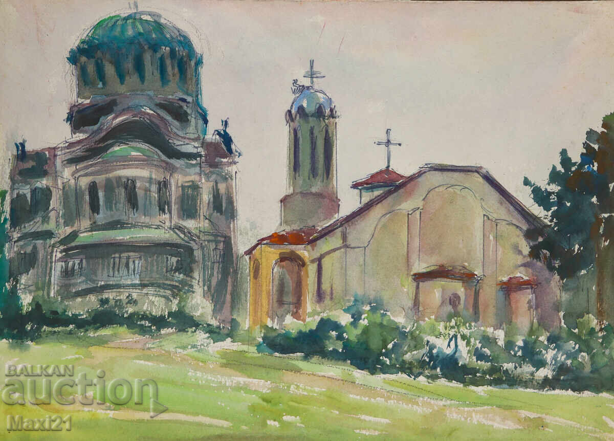 Ακουαρέλα ζωγραφιά αστικό τοπίο εκκλησία