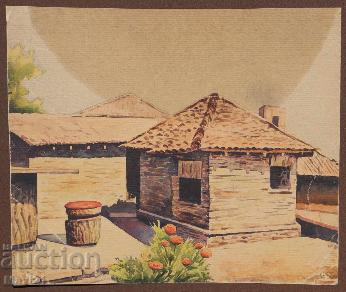 Ακουαρέλα ζωγραφιά, τοπίο με σπίτι (χωριό) με τιμή 100.00 BGN | € 51.13
