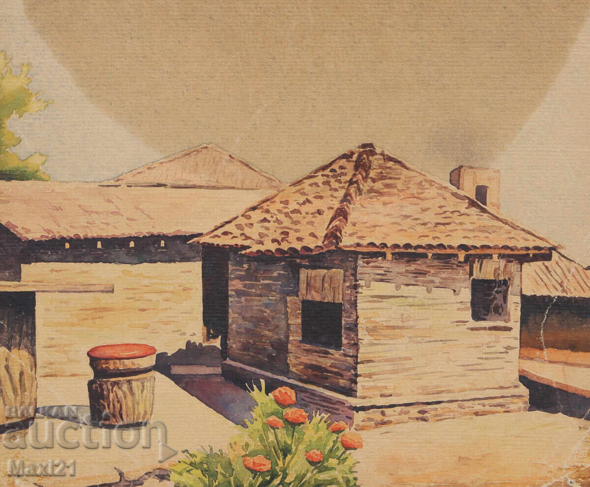 Δημοπρασία Ακουαρέλα ζωγραφιά, τοπίο με σπίτι (χωριό)