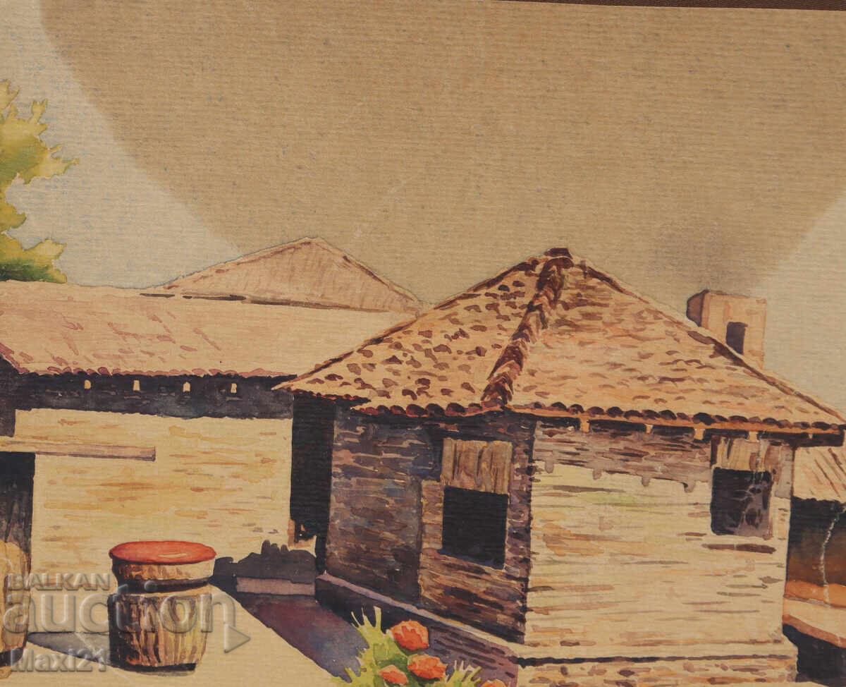 Παράδοση Ακουαρέλα ζωγραφιά, τοπίο με σπίτι (χωριό)