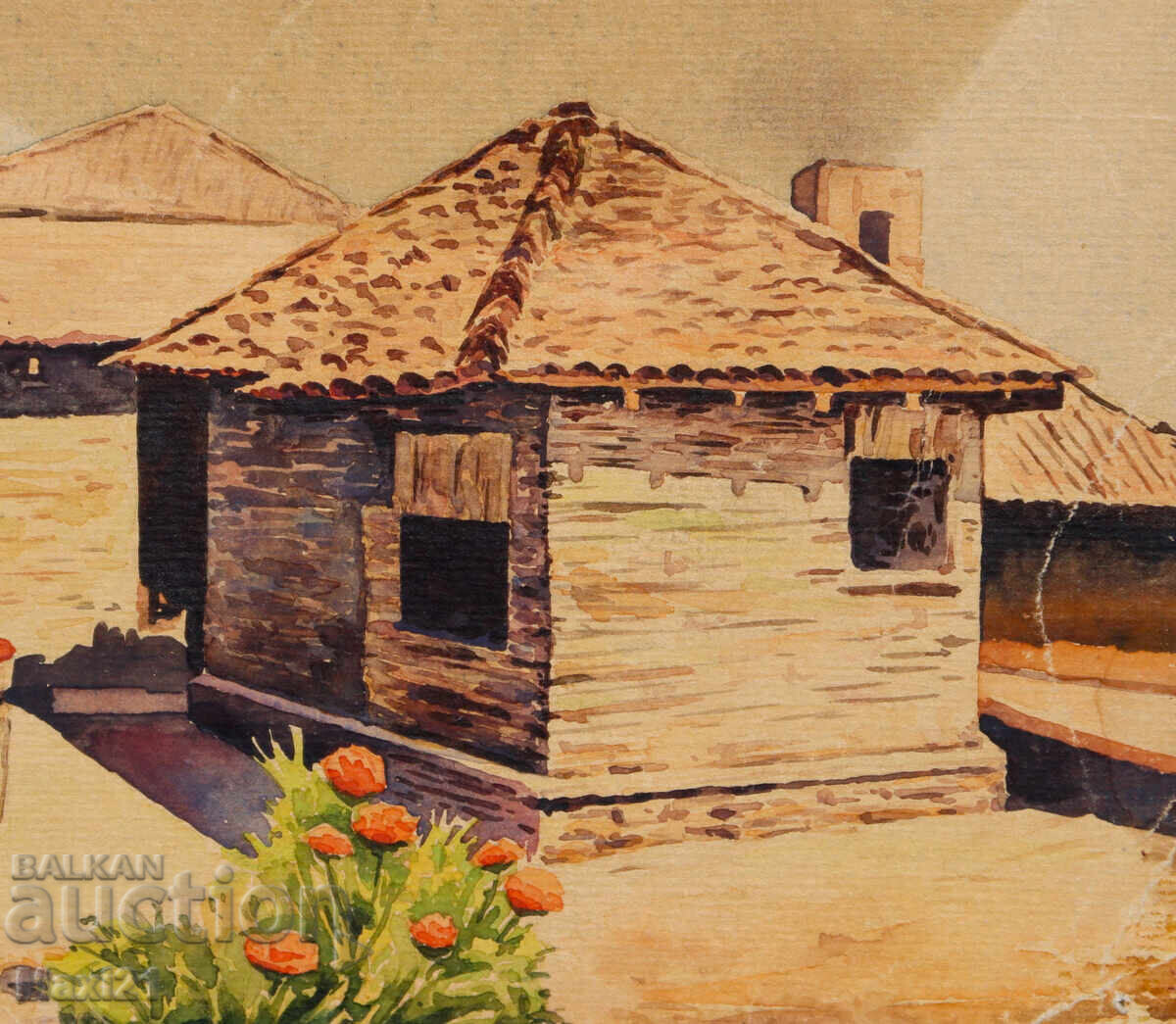 Ακουαρέλα ζωγραφιά, τοπίο με σπίτι (χωριό) - 5