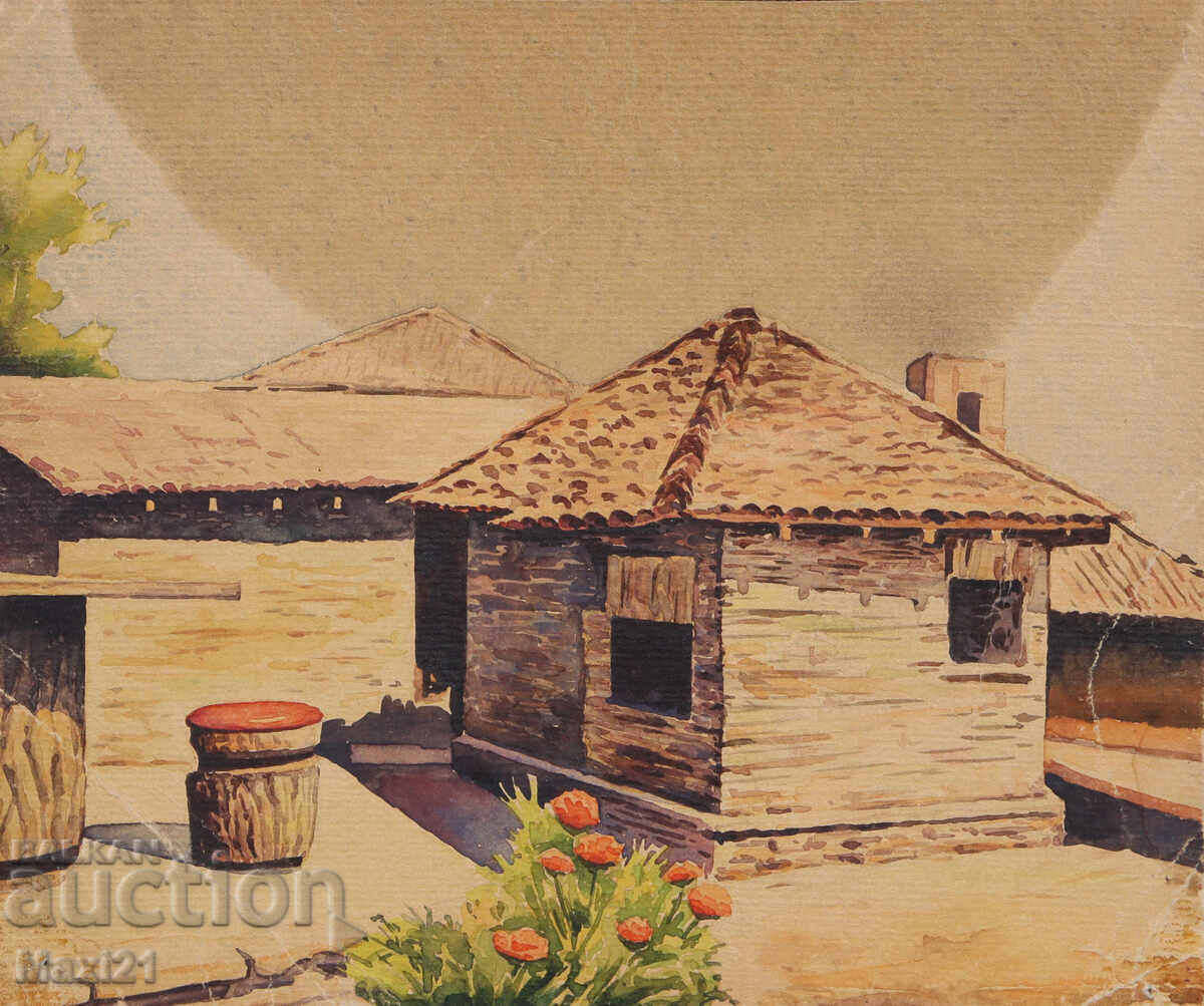 Ακουαρέλα ζωγραφιά, τοπίο με σπίτι (χωριό)