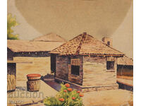 Ακουαρέλα ζωγραφιά, τοπίο με σπίτι (χωριό)